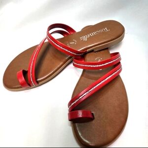 Toscanella Flat Towing Sandal Red With Rhinestone Bling Made In Italy Womens Sz8